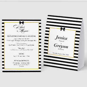 Elegant Black White Stripe Gold Wedding Bar Menu Paper Table Tent