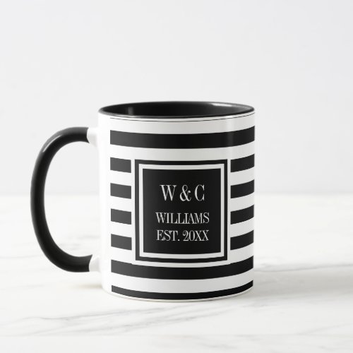 Elegant Black White Stripe Monogram Name Mug