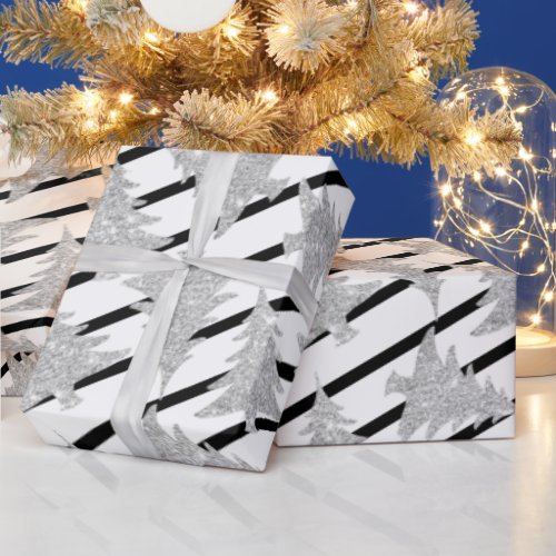 Elegant Black White Stripe Silver Christmas Tree Wrapping Paper