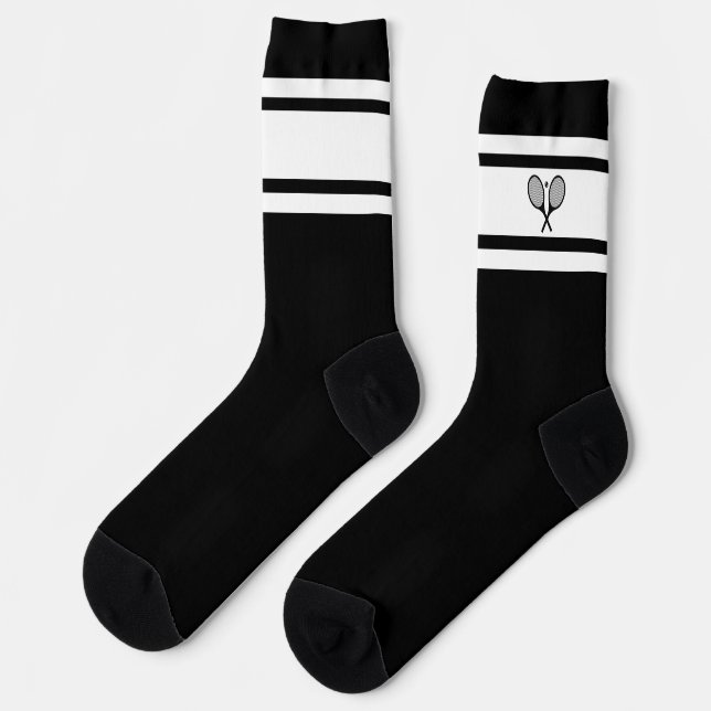 Elegant Black White Stripe Tennis Racket Athletic Socks (Left)