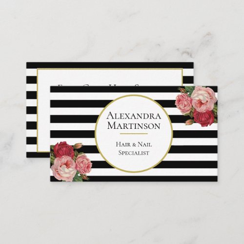 Elegant Black White Stripe Vintage Roses Floral Business Card