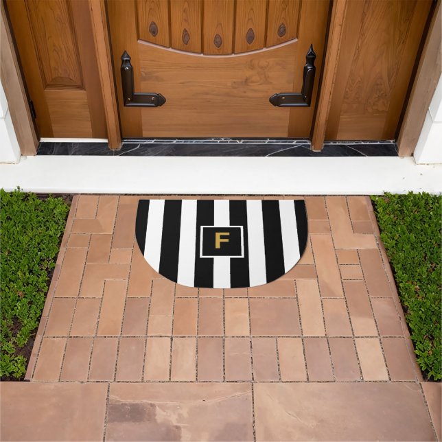 Elegant Black White Striped Gold Monogrammed Doormat (Outdoor)