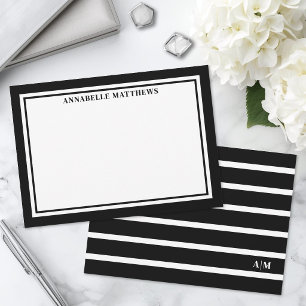 Elegant Black White Striped Monogram Note Card