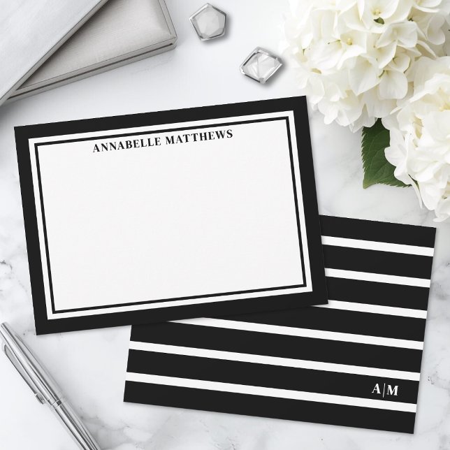 Elegant Black White Striped Monogram Note Card (Elegant Black White Striped Monogram Note Card )