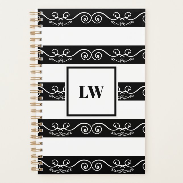 Elegant Black White striped Monogram Planner (Front)