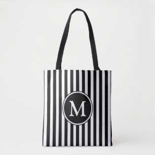 Elegant Black White Striped Monogram Tote Bag