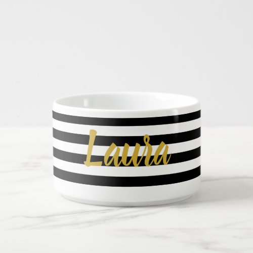 Elegant Black  White Stripes and Faux Gold Script Bowl