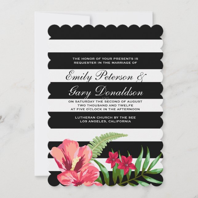 Elegant Black White Stripes And Hibiscus Wedding Invitation (Front)