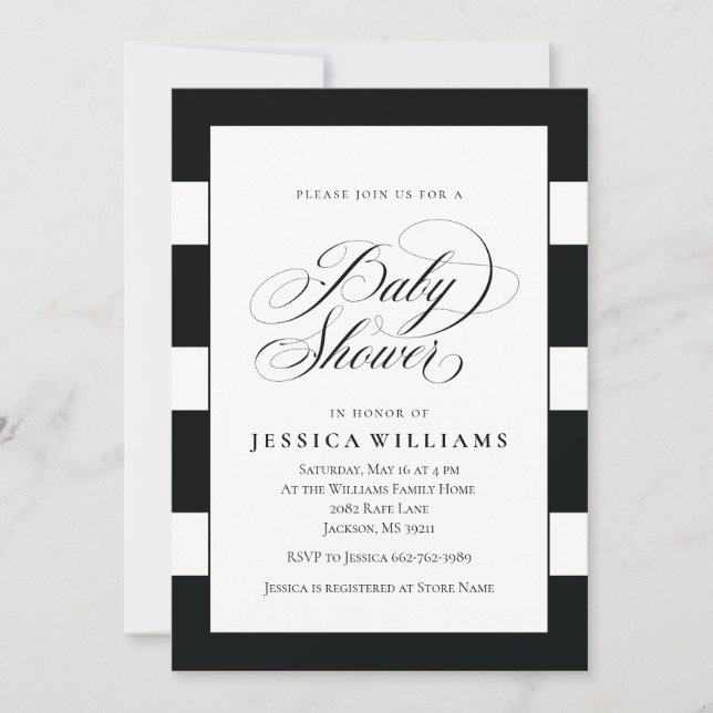 Elegant Black & White Stripes Baby Shower Invitation (Front)