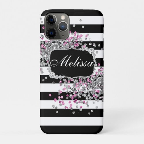 Elegant Black White Stripes Diamond Pink Bath Mat iPhone 11 Pro Case