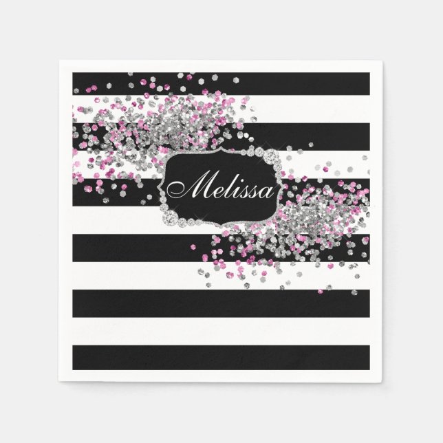 Elegant Black White Stripes Diamond Pink Bath Mat Napkins (Front)