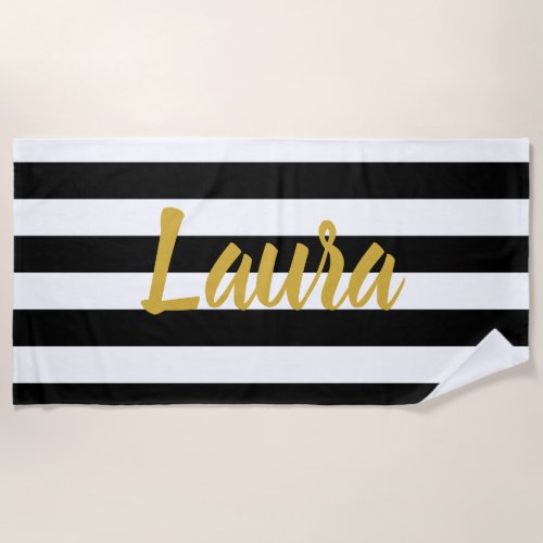 Elegant Black  White Stripes Faux Gold Script Beach Towel