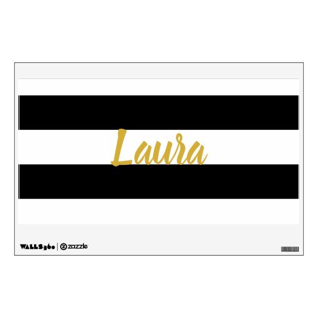 Elegant Black White Stripes Faux Gold Script Name Wall Decal (Front)