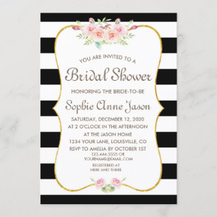 Elegant Black & White Stripes Flower Bridal Shower Invitation