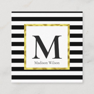 Elegant Black White Stripes Gold Border Monogamr Square Business Card
