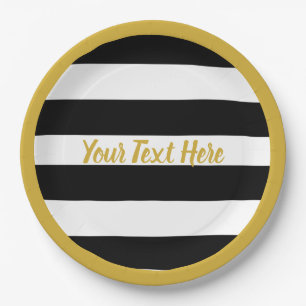 Elegant Black & White Stripes Gold Cursive Script Paper Plates
