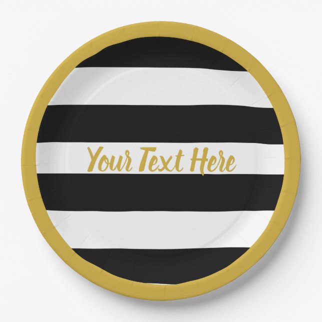 Elegant Black & White Stripes Gold Cursive Script Paper Plates (Front)