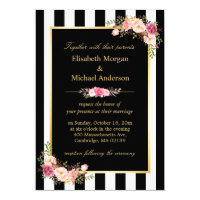 Elegant Black White Stripes Gold Floral Wedding Card