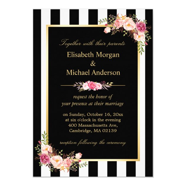 Elegant Black White Stripes Gold Floral Wedding Invitation