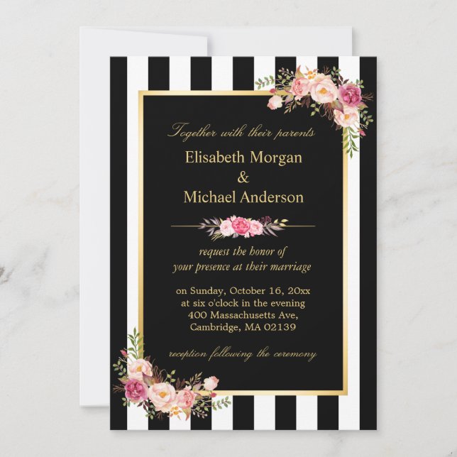 Elegant Black White Stripes Gold Floral Wedding Invitation (Front)