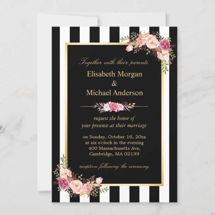 Elegant Black White Stripes Gold Floral Wedding Invitation | Zazzle