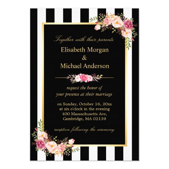 elegant black white stripes gold floral wedding invitation zazzle com