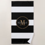 Elegant Black White Stripes Gold Monogram Name Beach Towel at Zazzle