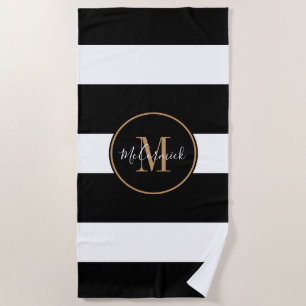 Elegant Black White Stripes Gold Monogram Name Beach Towel