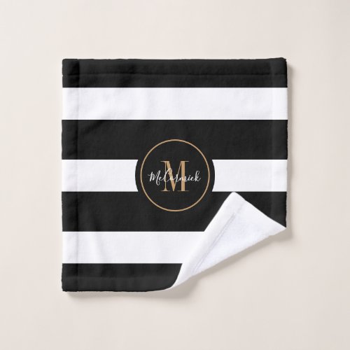 Elegant Black White Stripes Gold Monogrammed Wash Cloth
