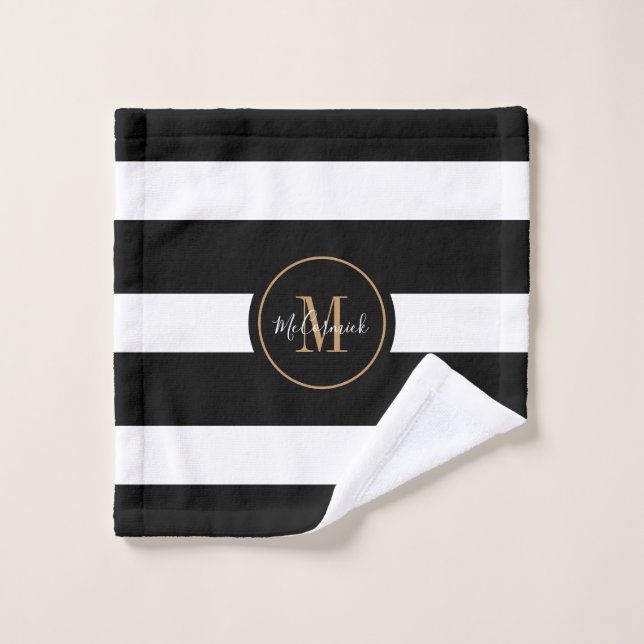 Elegant Black White Stripes Gold Monogrammed Wash Cloth (Wash Cloth)