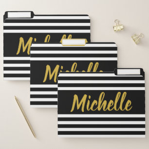 Elegant Black White Stripes Gold Script Name File Folder