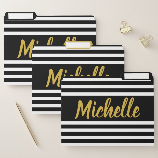 Elegant Black White Stripes Gold Script Name File Folder (Set)