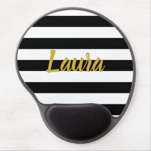 Elegant Black & White Stripes Gold Script Name Gel Mouse Pad