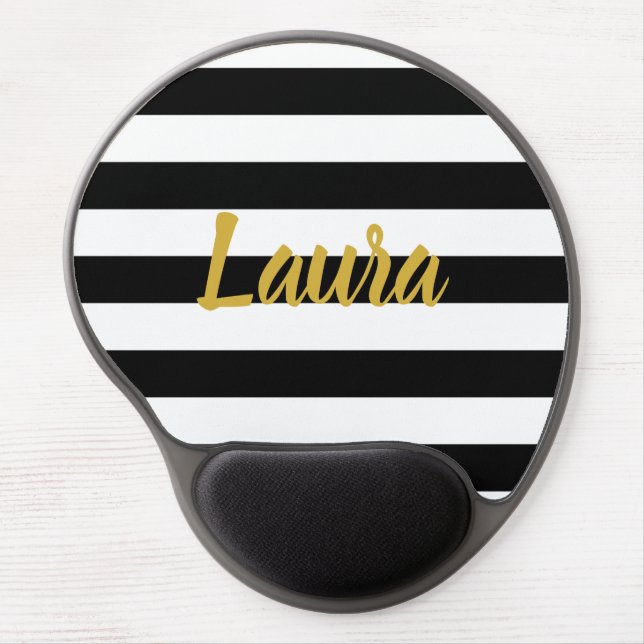 Elegant Black & White Stripes Gold Script Name Gel Mouse Pad (Front)