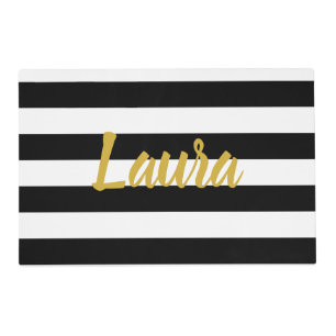 Elegant Black White Stripes Gold Script Name Text Placemat