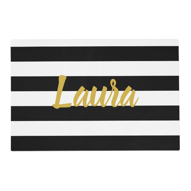 Elegant Black White Stripes Gold Script Name Text Placemat (Front)