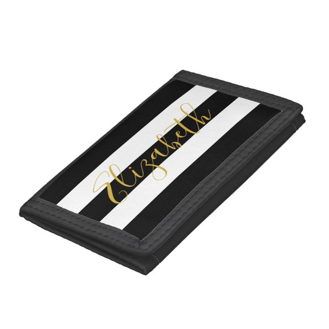 Elegant Black White Stripes Gold Script Name Trifold Wallet (Bottom)