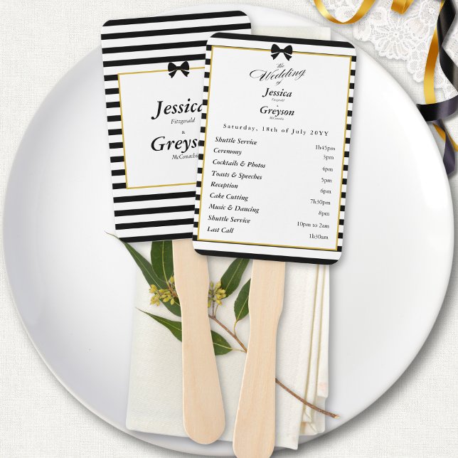 Elegant Black White Stripes Gold Wedding Program Hand Fan (Creator Uploaded)