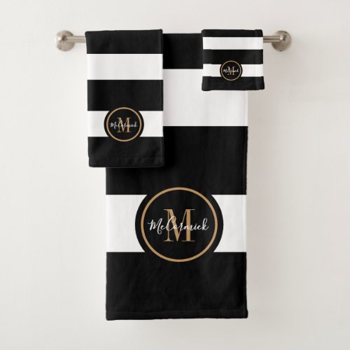 Elegant Black White Stripes Luxury Gold Monogram Bath Towel Set