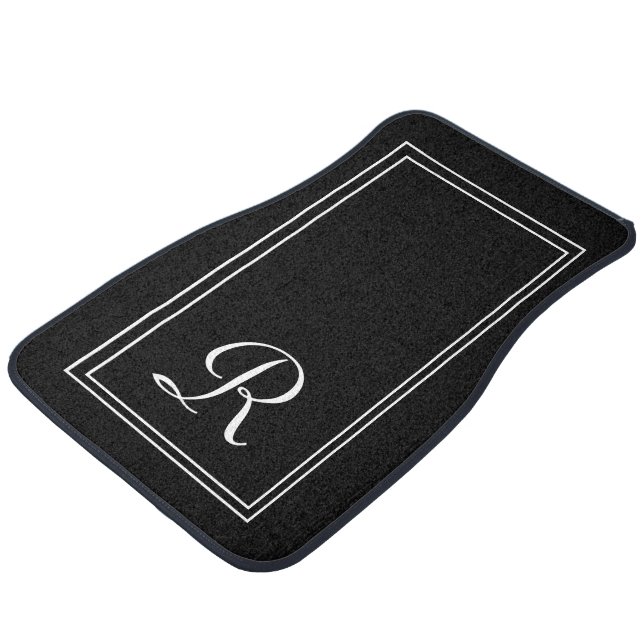 Elegant Black White Stripes Monogrammed Initial  Car Floor Mat (Angled)