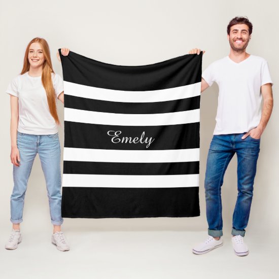 Elegant Black White Stripes Pattern Name Print Fleece Blanket