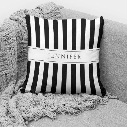 Elegant Black  White Stripes Pattern Name Throw Pillow