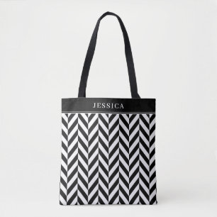 Elegant Black & White Stripes Pattern Name Tote Bag