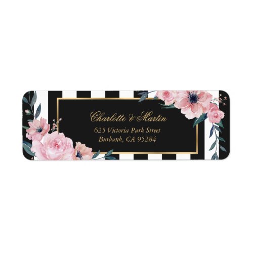 Elegant Black White Stripes Pink Floral Labels