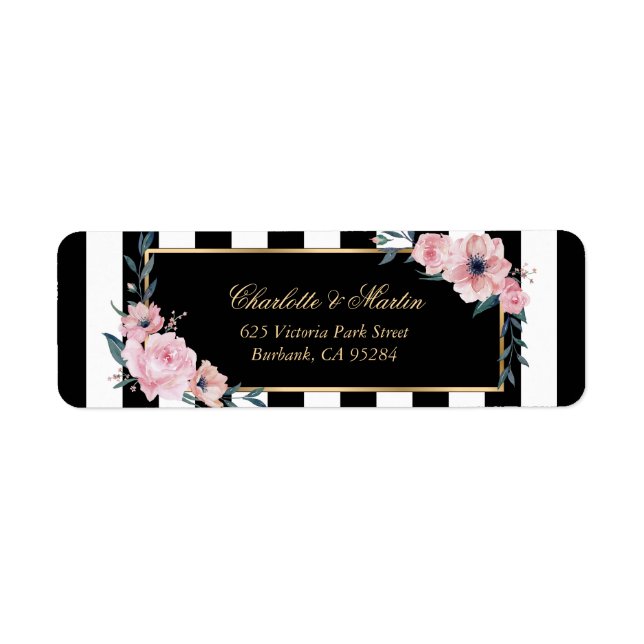 Elegant Black White Stripes Pink Floral Labels (Front)