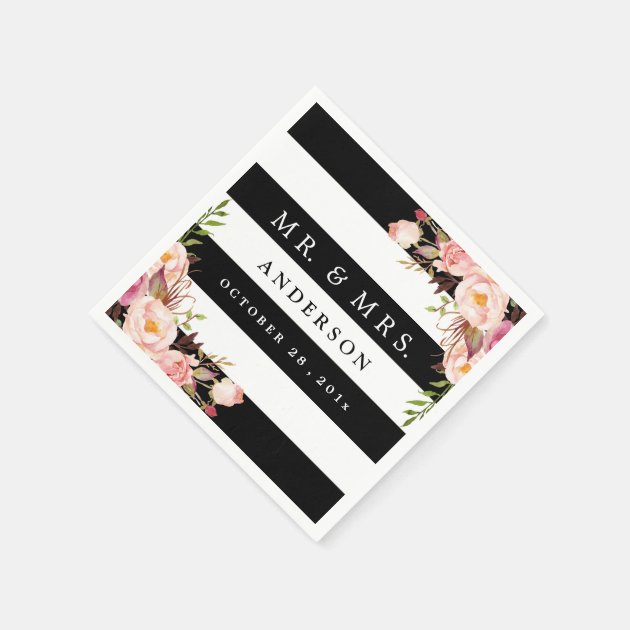 Elegant Black White Stripes Pink Floral Wedding Napkin