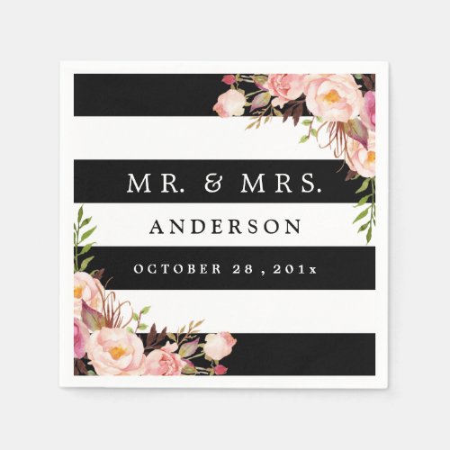 Elegant Black White Stripes Pink Floral Wedding Napkins