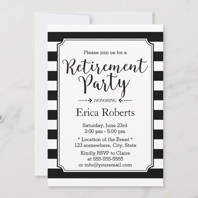 Elegant Black & White Stripes Retirement Party Invitation (Front)