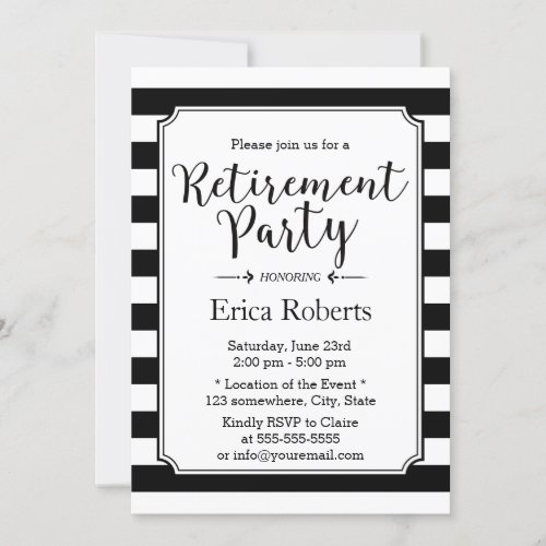 Elegant Black  White Stripes Retirement Party Invitation