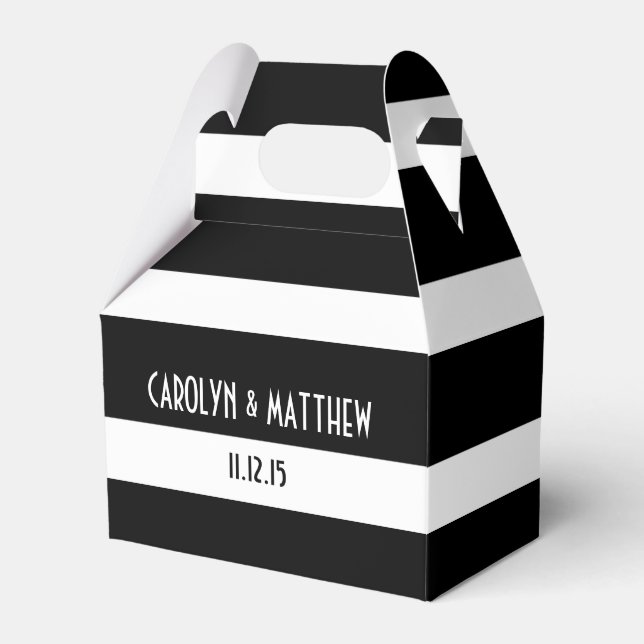 Elegant Black White Stripes Wedding Favor Boxes (Front Side)